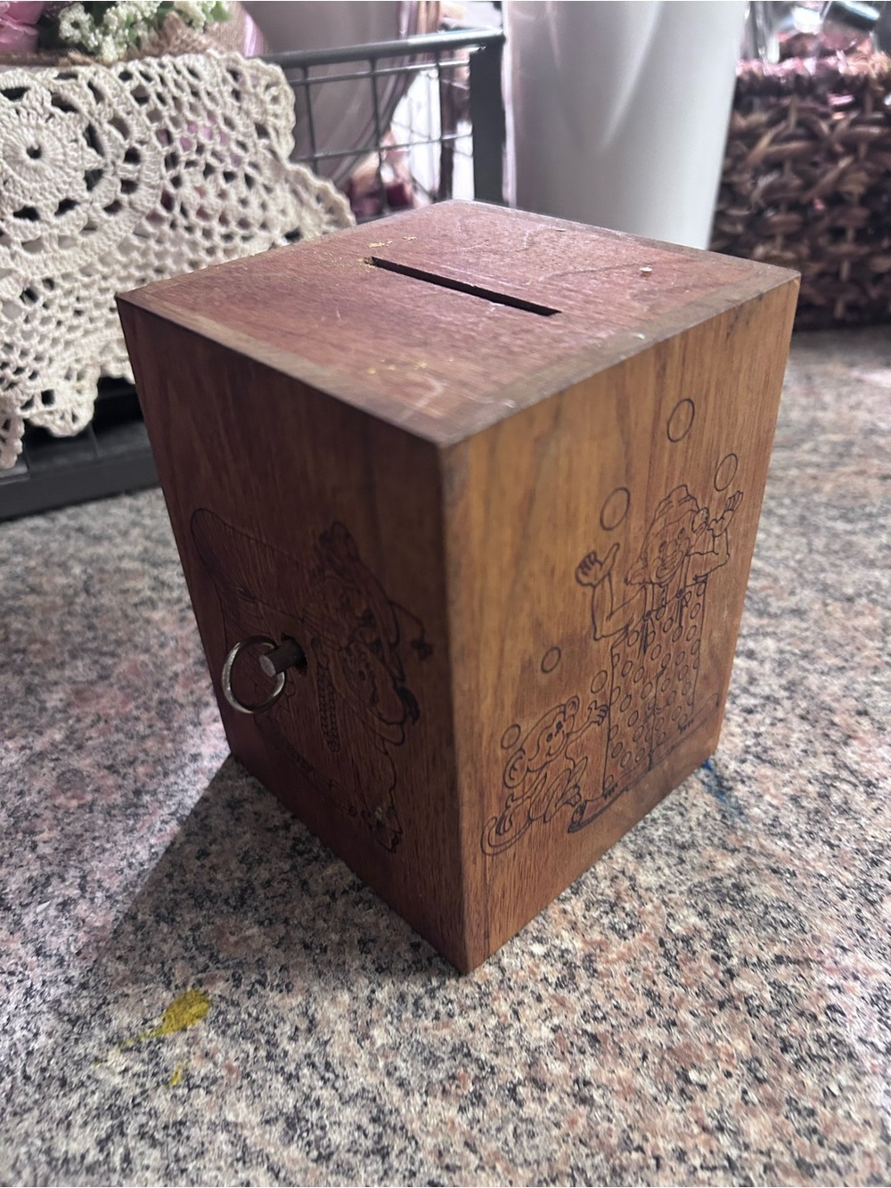 Vintage Toystalgia Wooden 1980 Coin Bank Music Box Clown Theme Working